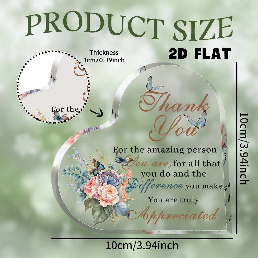 1Pc Heart Acrylic Thank You Sign Plaque-Decor with Floral Butterfly Design,Gift for Office/Home Appreciation Ornament Desk Decor