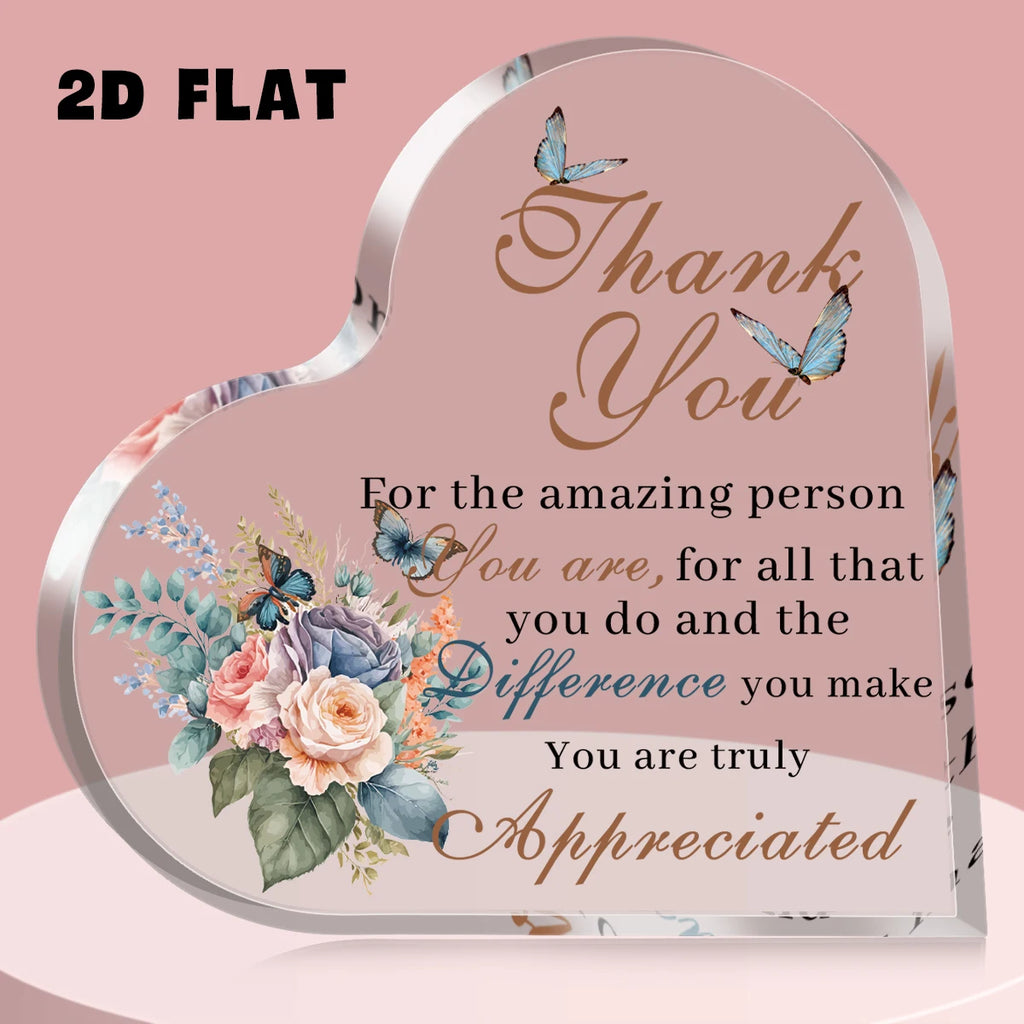 1Pc Heart Acrylic Thank You Sign Plaque-Decor with Floral Butterfly Design,Gift for Office/Home Appreciation Ornament Desk Decor