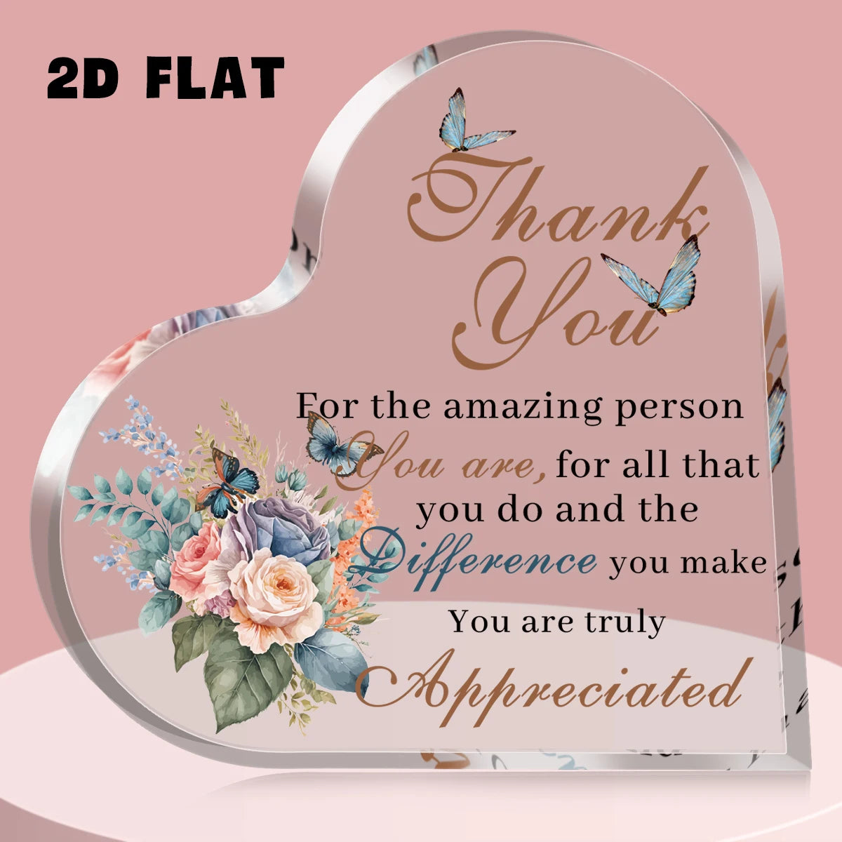 1Pc Heart Acrylic Thank You Sign Plaque-Decor with Floral Butterfly Design,Gift for Office/Home Appreciation Ornament Desk Decor