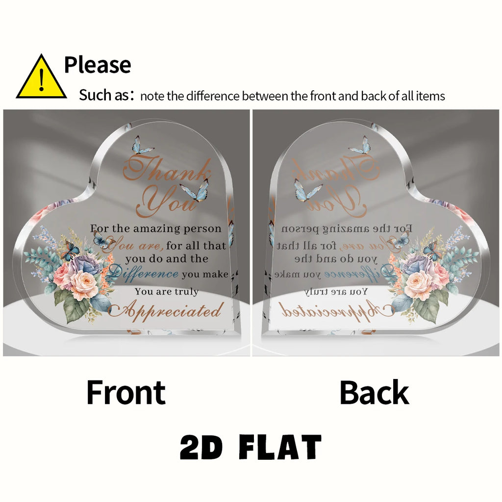 1Pc Heart Acrylic Thank You Sign Plaque-Decor with Floral Butterfly Design,Gift for Office/Home Appreciation Ornament Desk Decor