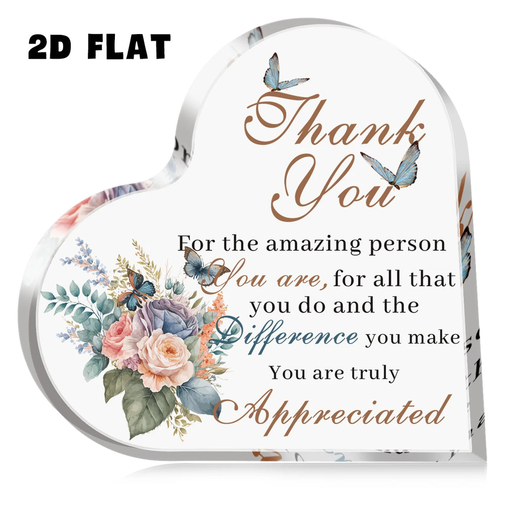 1Pc Heart Acrylic Thank You Sign Plaque-Decor with Floral Butterfly Design,Gift for Office/Home Appreciation Ornament Desk Decor